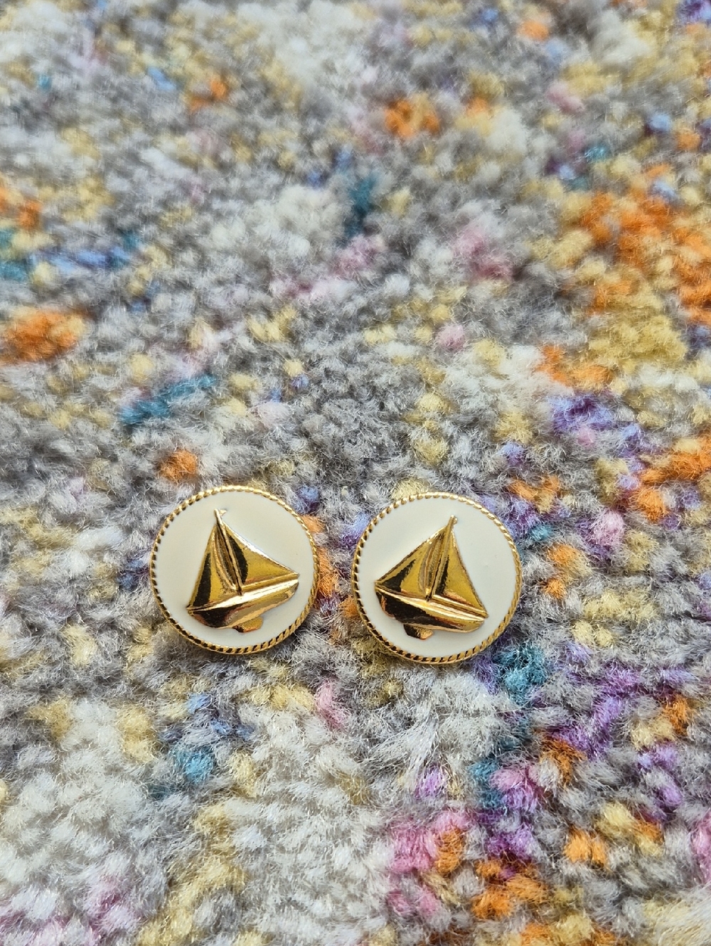Vintage 70s-80s Gold Sailboat Button Earrings